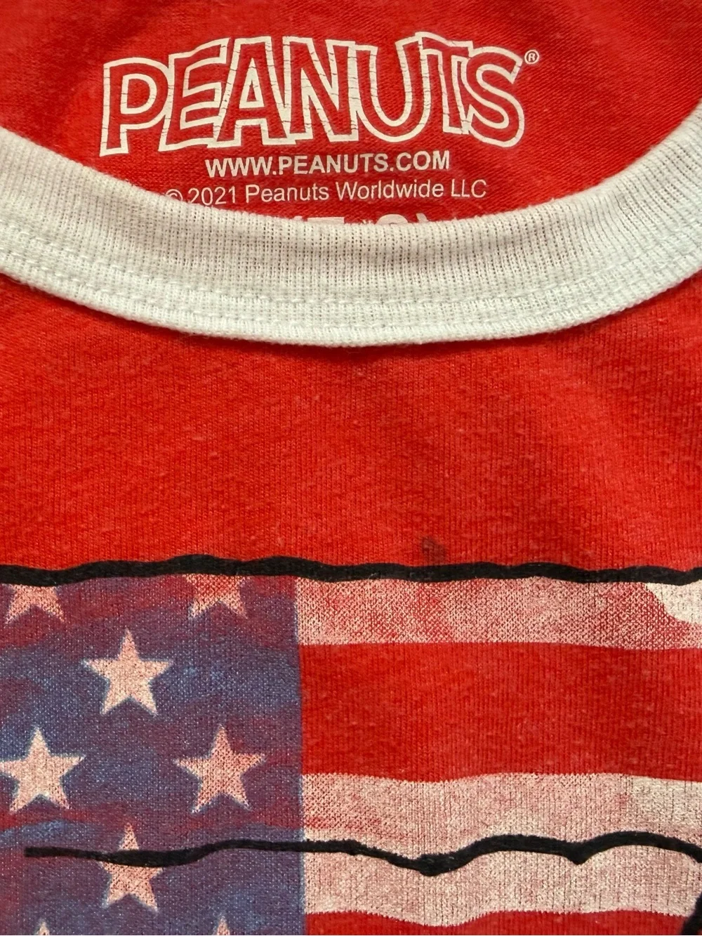 Peanuts Snoopy Woodstock USA Flag Patriotic Ringer Tee Kids Medium 7/8 Red